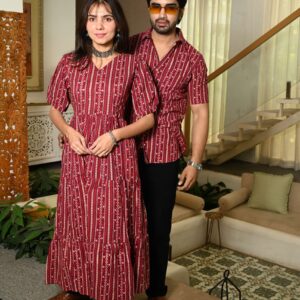 Couple Matching Maroon Cotton Anarkali Midi Dress and Shirt Set ? Vertical Stripe Ethnic Print
